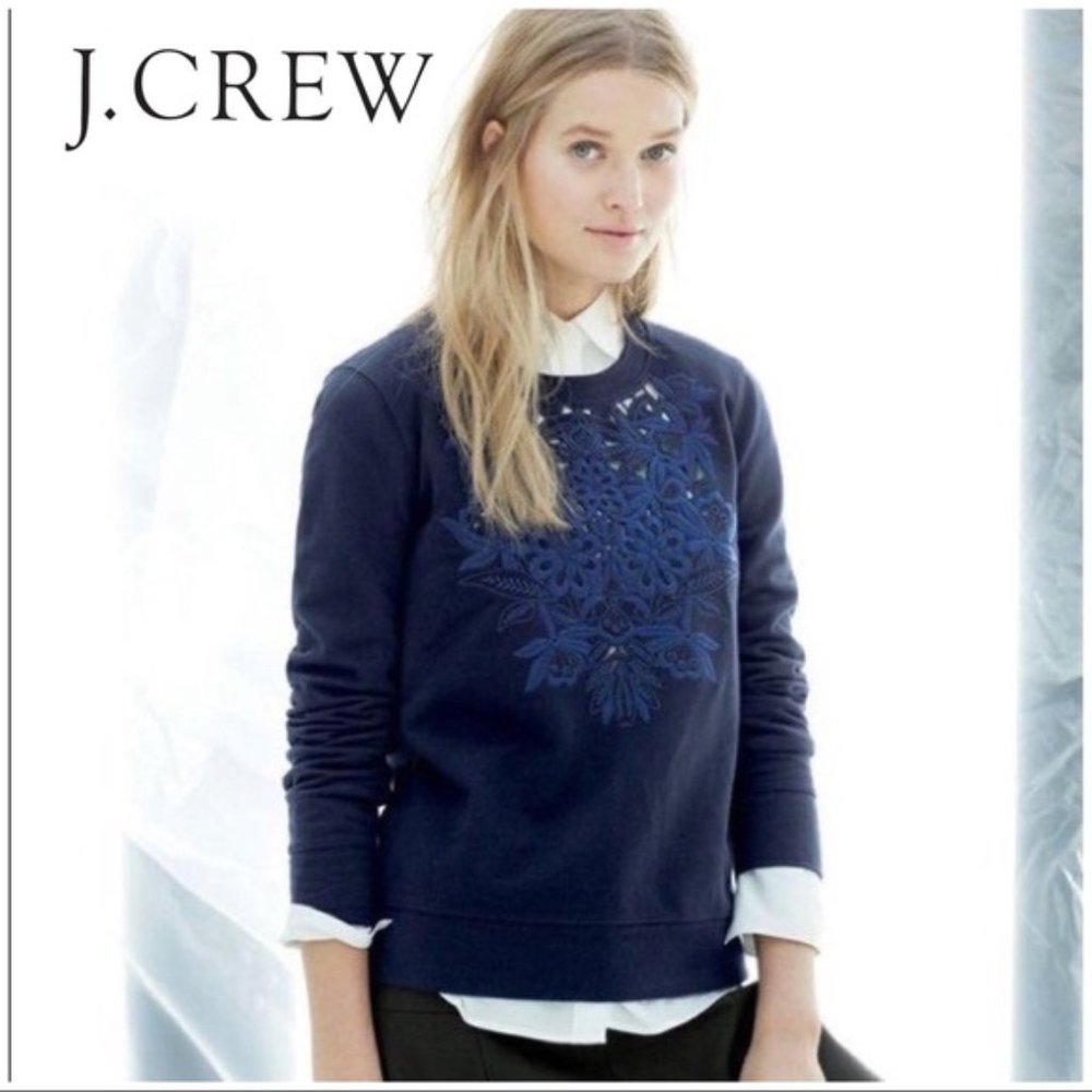 J. Crew Cutout Floral Pullover Sweater A2668 Navy